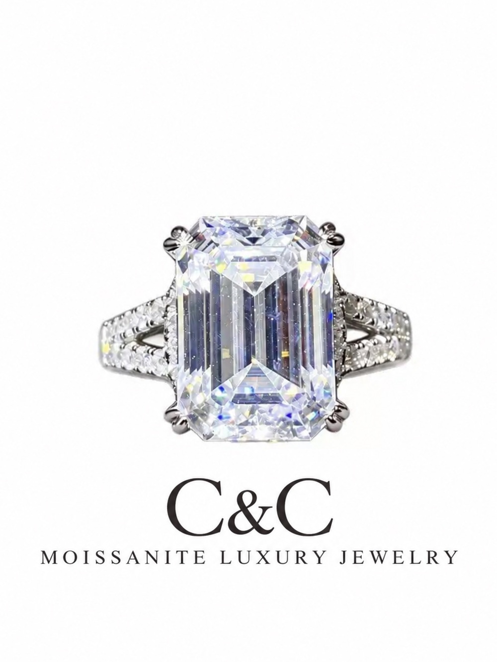C.C Emerald-Cut Moissanite Solitaire Ring in Silver